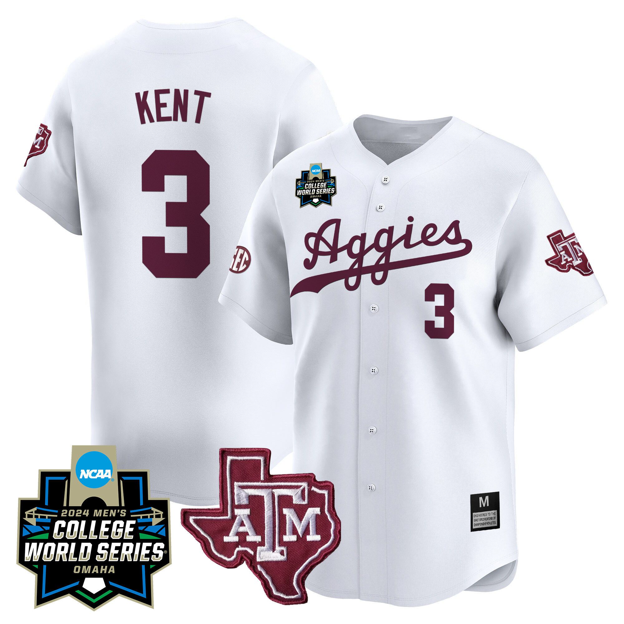 Men Texas A&M Aggies 3 Kent White 2024 College World Series Vapor Premier Limited NCAA Jersey